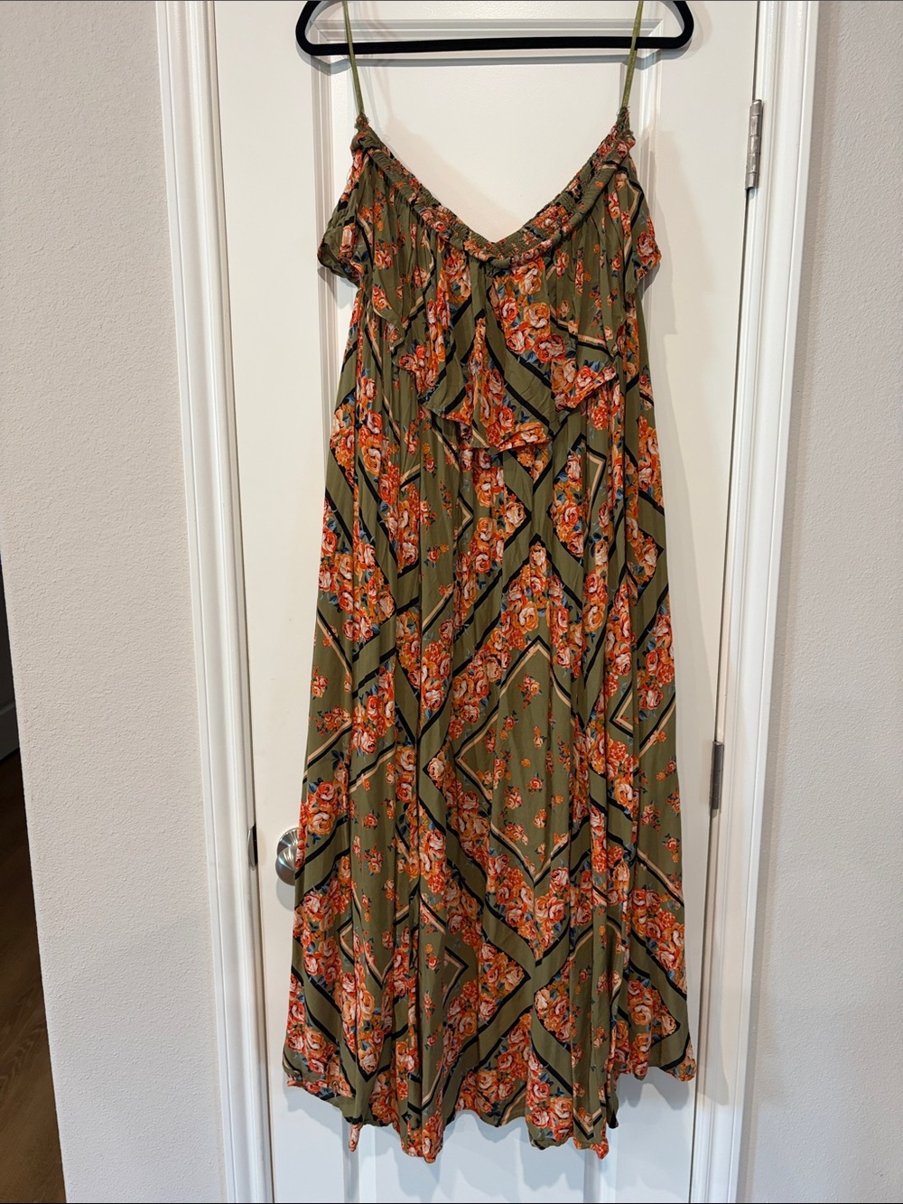torrid Olive Floral Pattern Strapless Maxi Dress with Orange Accents